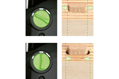 Close-up of green adjustment dial and wooden mortise joint demonstrating precise woodworking with Festool joinery tool