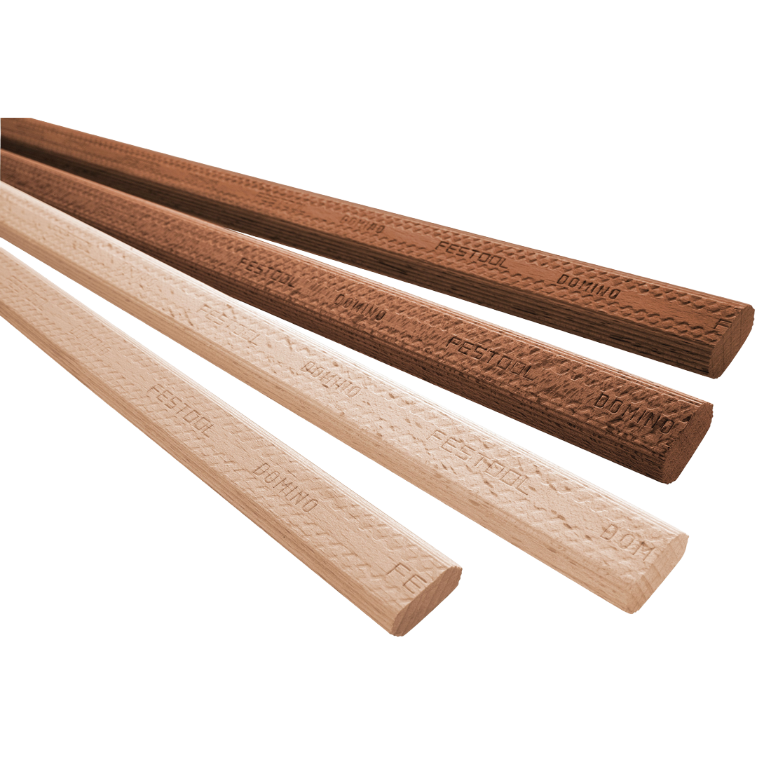 Four wooden domino tenons in varying wood tones with textured surface pattern and engraved branding, used for strong woodworking joints.