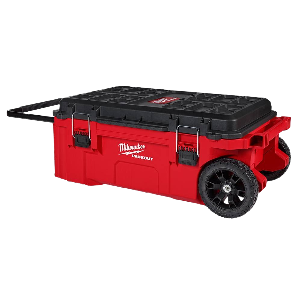 Red and black rolling tool chest with heavy-duty wheels, extendable handle, and secure latches for workshop and jobsite storage