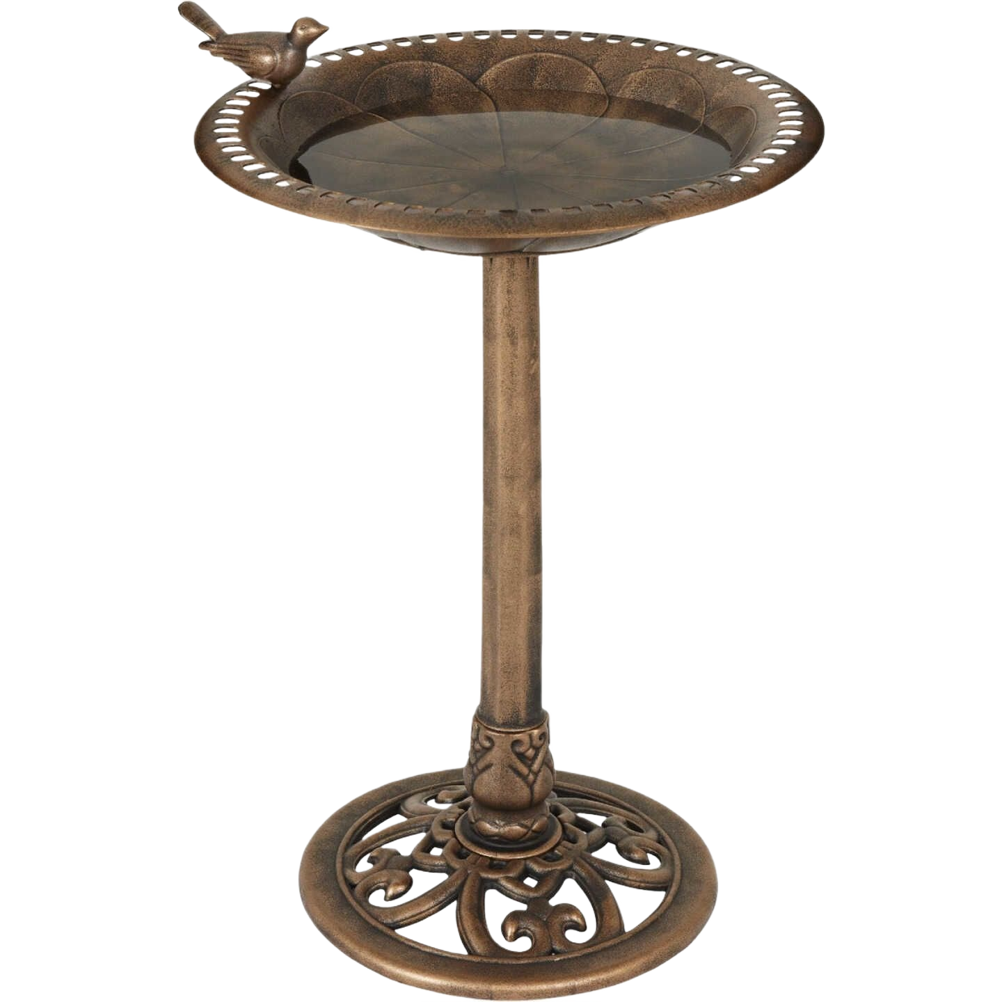 Antique bronze decorative pedestal bird bath with ornamental base and bird accent for outdoor living and garden decor collections