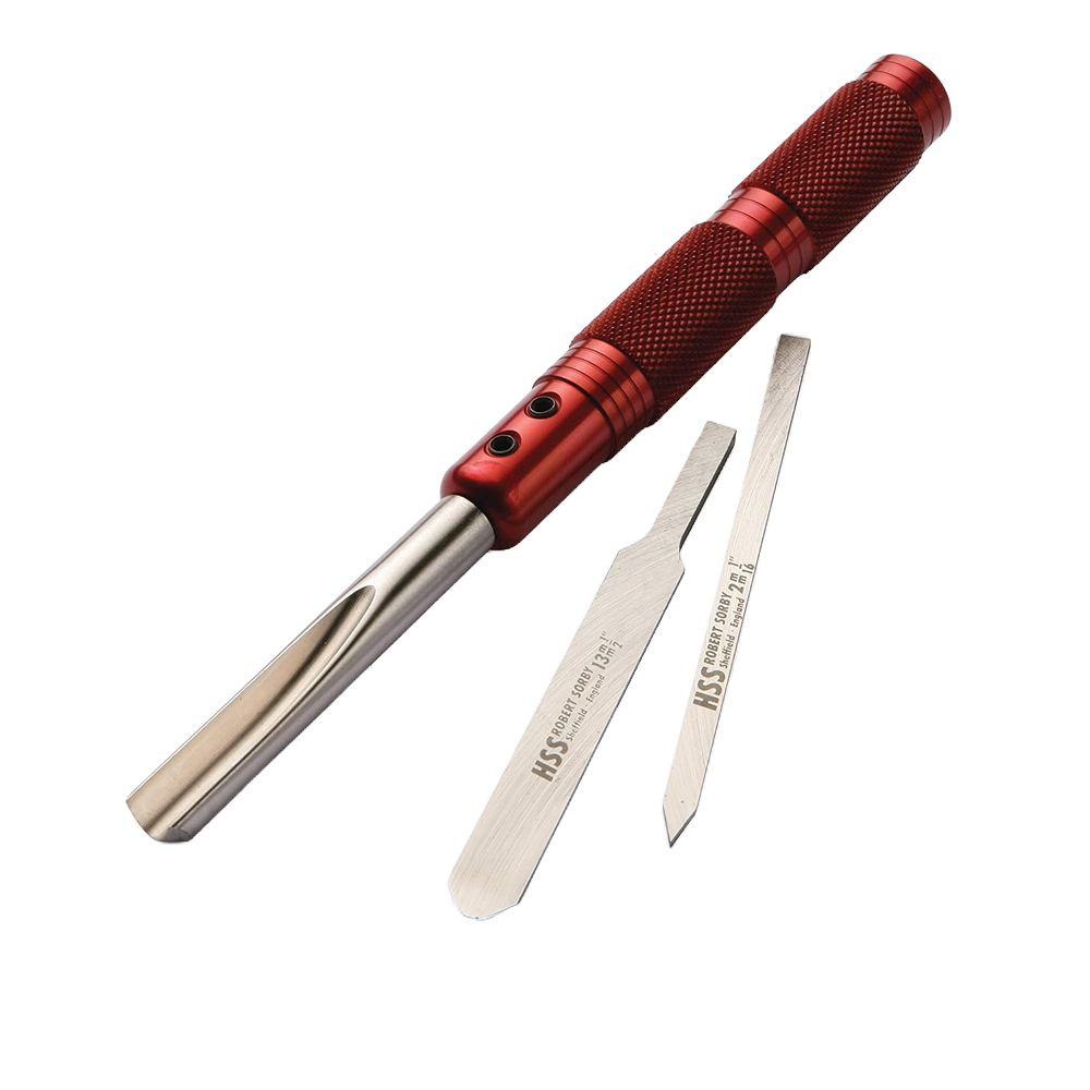 Red anodized tool handle with textured grip and two stainless steel pen turning blades for precision woodcraft tasks