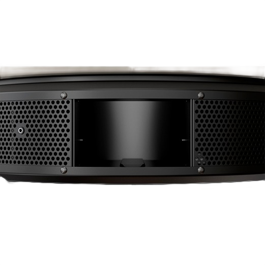 Bottom view of a black metal vent and opening on the Gozney Bone Pizza Dome Oven for outdoor grilling and cooking.