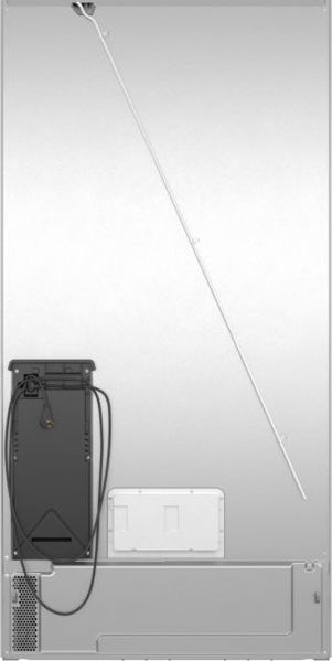 Back view of 800 Series French door refrigerator showing power cord, vent, and connection port in kitchen appliances collection