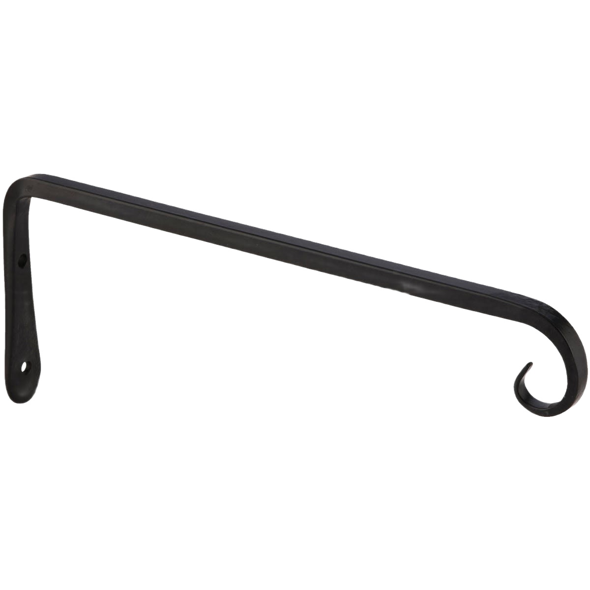 Black powder-coated wrought iron bracket with straight arm and curled end for hanging plants in outdoor living and garden collections