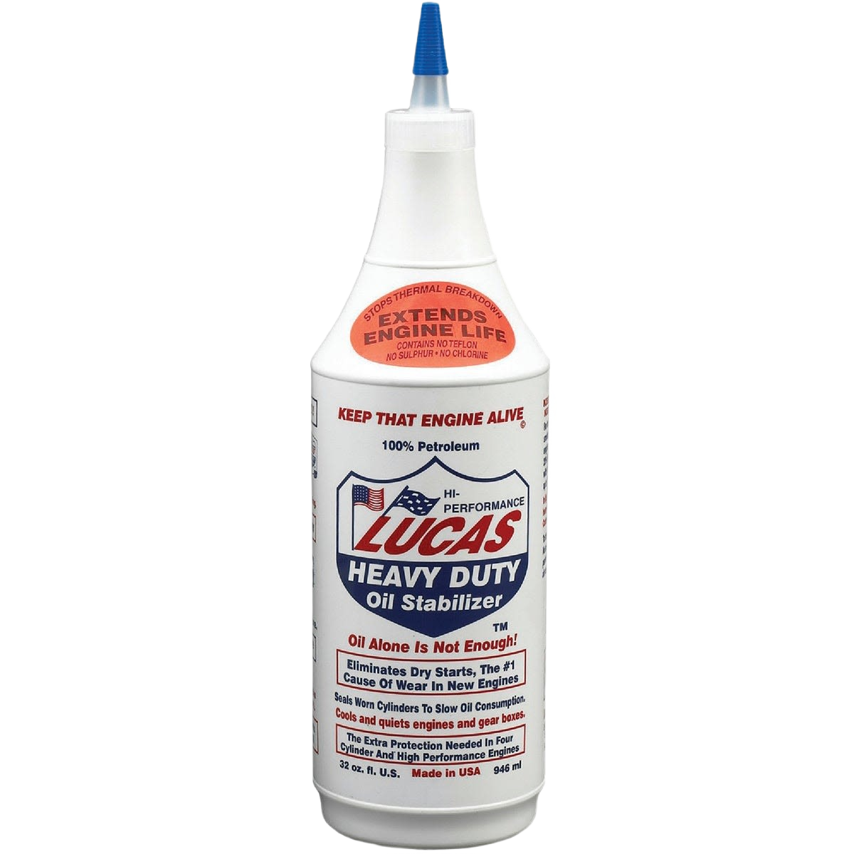 White bottle of heavy-duty oil stabilizer with blue cap for automotive fluids, lubricants, and grease accessories collection
