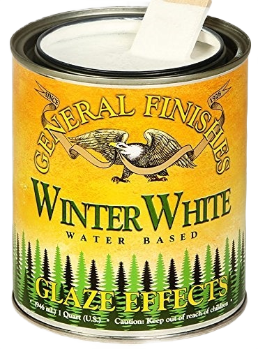 Open can of winter white water-based glaze with applicator stick for wood finishing and home improvement projects