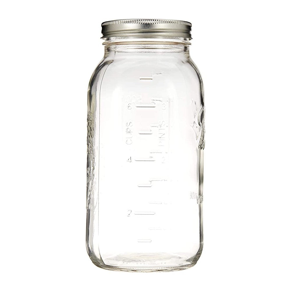 Half-gallon clear glass wide mouth mason jar with metal screw-on lid for home canning and storage tasks