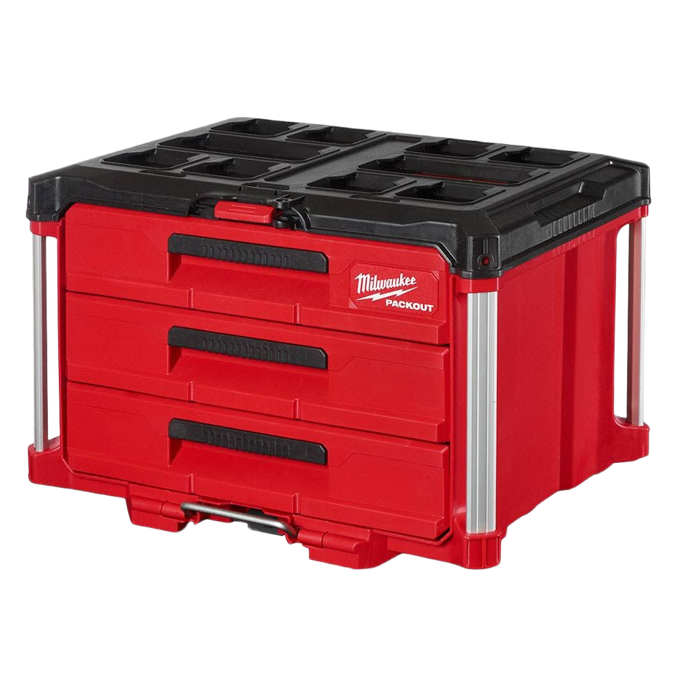Compact red and black three-drawer Milwaukee PACKOUT tool box for workshop and jobsite storage organization