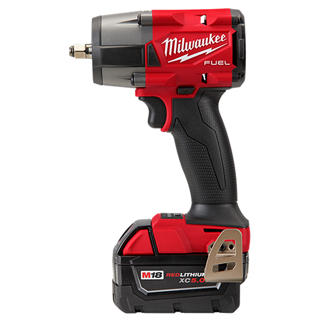 Cordless red and black mid-torque impact wrench with battery pack designed for home improvement tasks