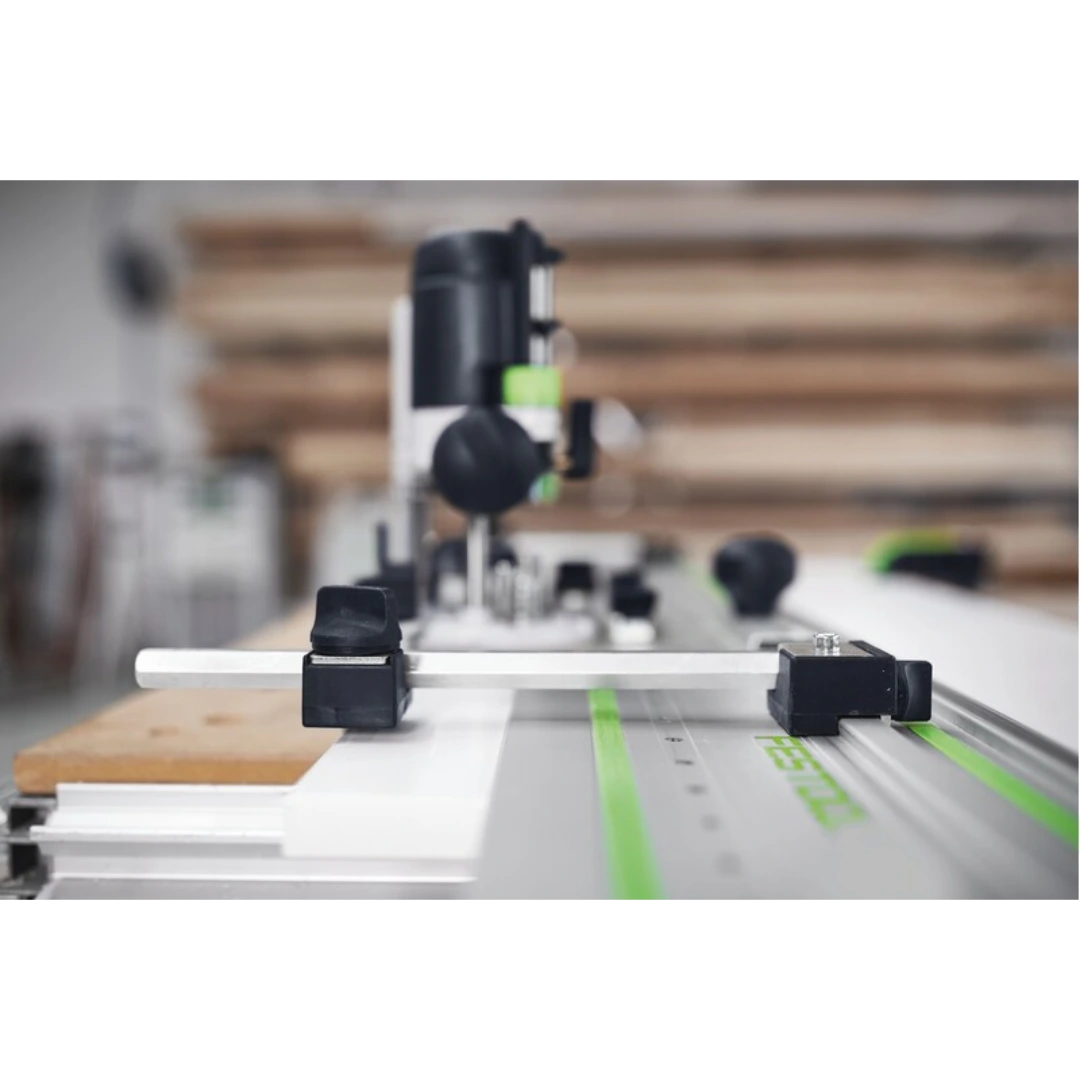 Festool hole drilling guide set mounted on track for precise woodworking tool accessories and home improvement tasks