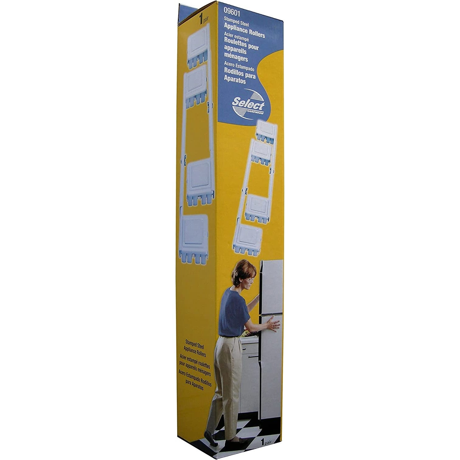 Steel appliance rollers with white wheels and frame, designed for moving heavy furniture in hardware and home improvement collections