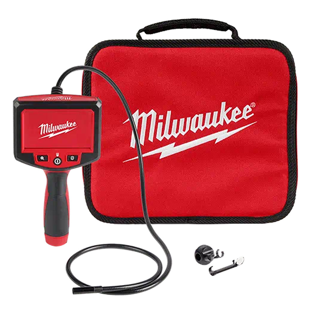 Red and black handheld inspection camera with flexible cable, accompanied by a red soft carrying case for tools and home improvement.