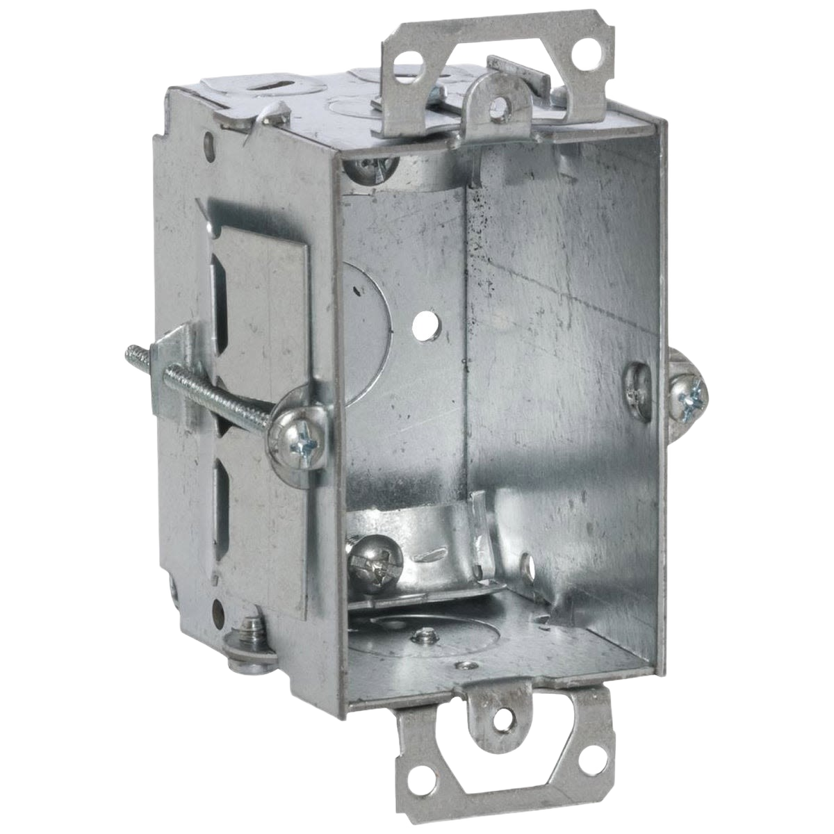 Galvanized steel 1-gang welded electrical box with mounting brackets for home improvement and tools use