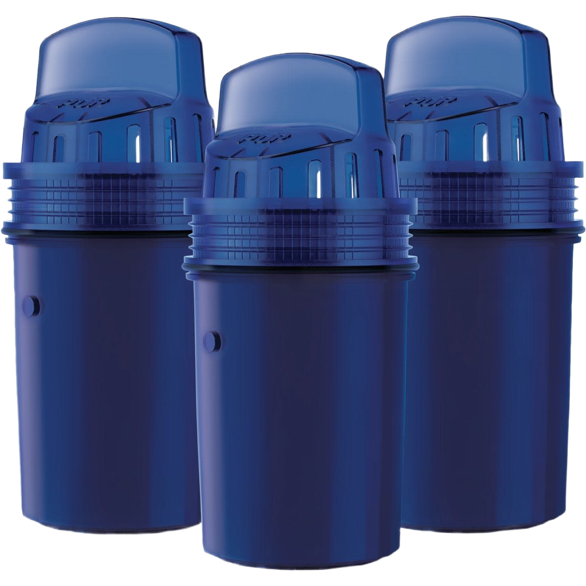 Set of three blue water filter cartridges designed to improve drinking water quality for home use