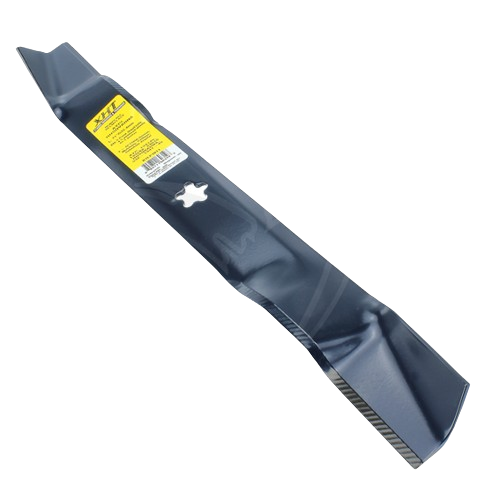 Heavy-duty black lawn mower blade with center hole designed for 42-inch decks in parts and tools collection