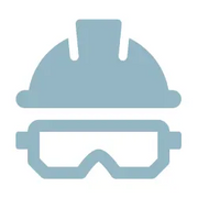 Simplified blue icon of a safety helmet and protective goggles representing personal protective equipment for home improvement and construction tasks.