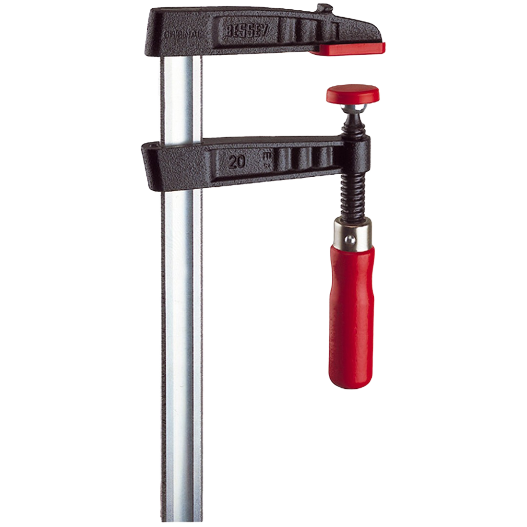 Medium duty 7 x 24 inch clamp with black frame, red 2K handle for woodworking and home improvement tasks