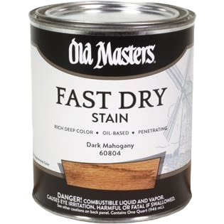 Quart can of Old Masters Dark Mahogany fast-drying oil-based stain for interior wood finishing and home improvement