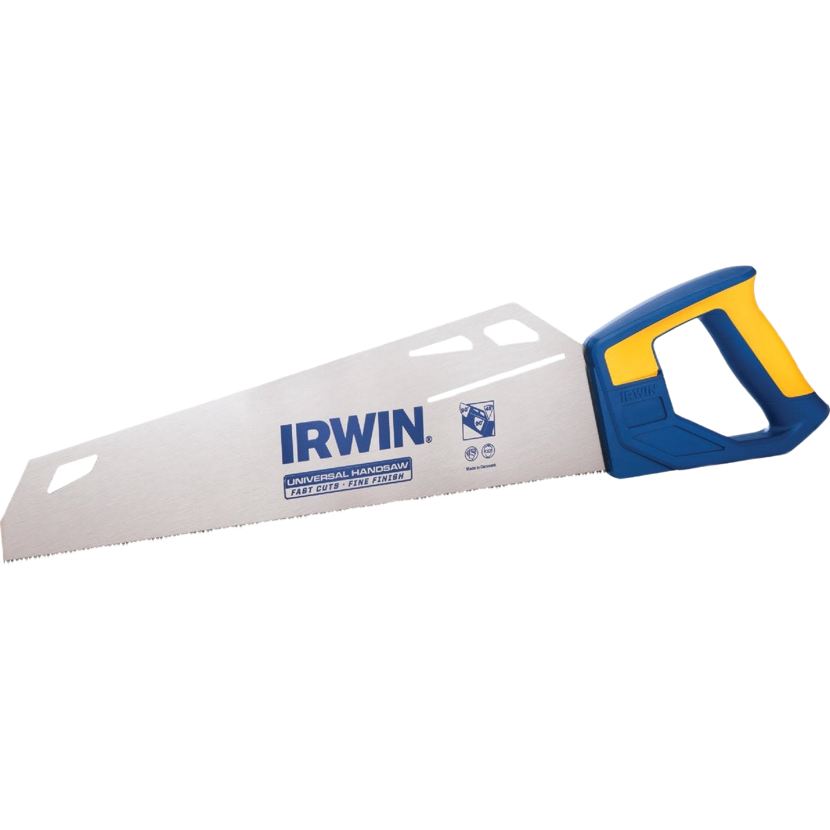Hand saw featuring blue and yellow resin handle with sharp steel blade for home improvement and tools use