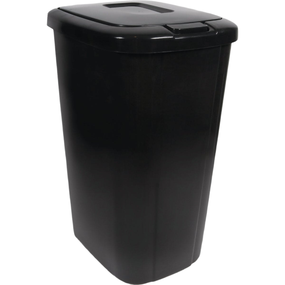 Large black plastic wastebasket with touch top lid, suitable for trash and recycling in home cleaning collections