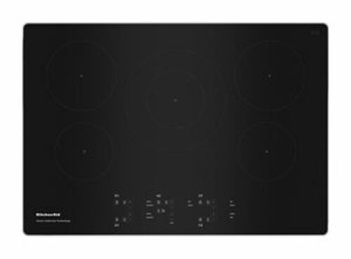 Black smooth glass 30-inch cooktop featuring five sensor-controlled induction cooking elements from KitchenAid appliances collection
