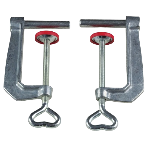 Pair of galvanized steel C-clamps with red protective pads for secure holding in tools and home improvement projects
