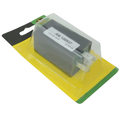 Black electrical glow plug module in clear plastic clamshell packaging with yellow and green backing for home improvement use