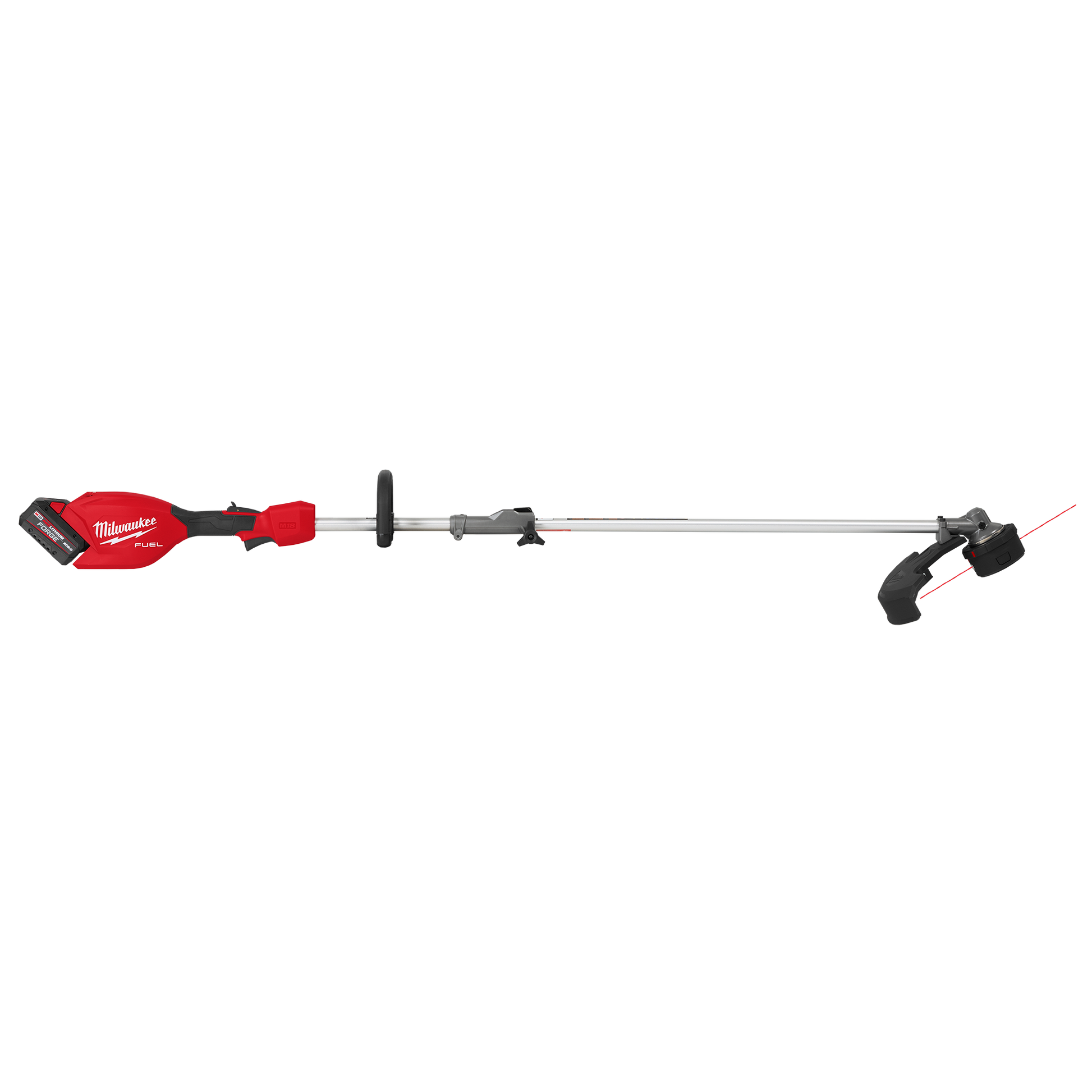 Red and silver cordless string trimmer with adjustable shaft and ergonomic handle for tools and home improvement use