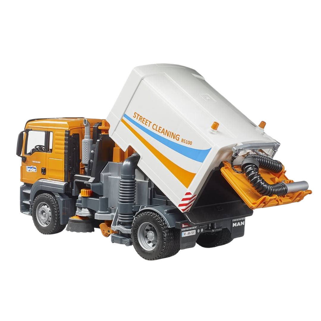 Detailed MAN street sweeper toy model with yellow cab and white cleaning container in Bruder Toys and Vehicles collections