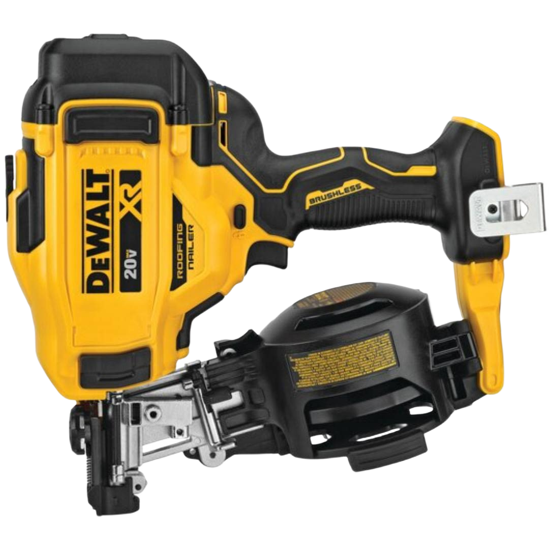 Cordless yellow and black coil roofing nailer tool designed for efficient home improvement and roofing tasks