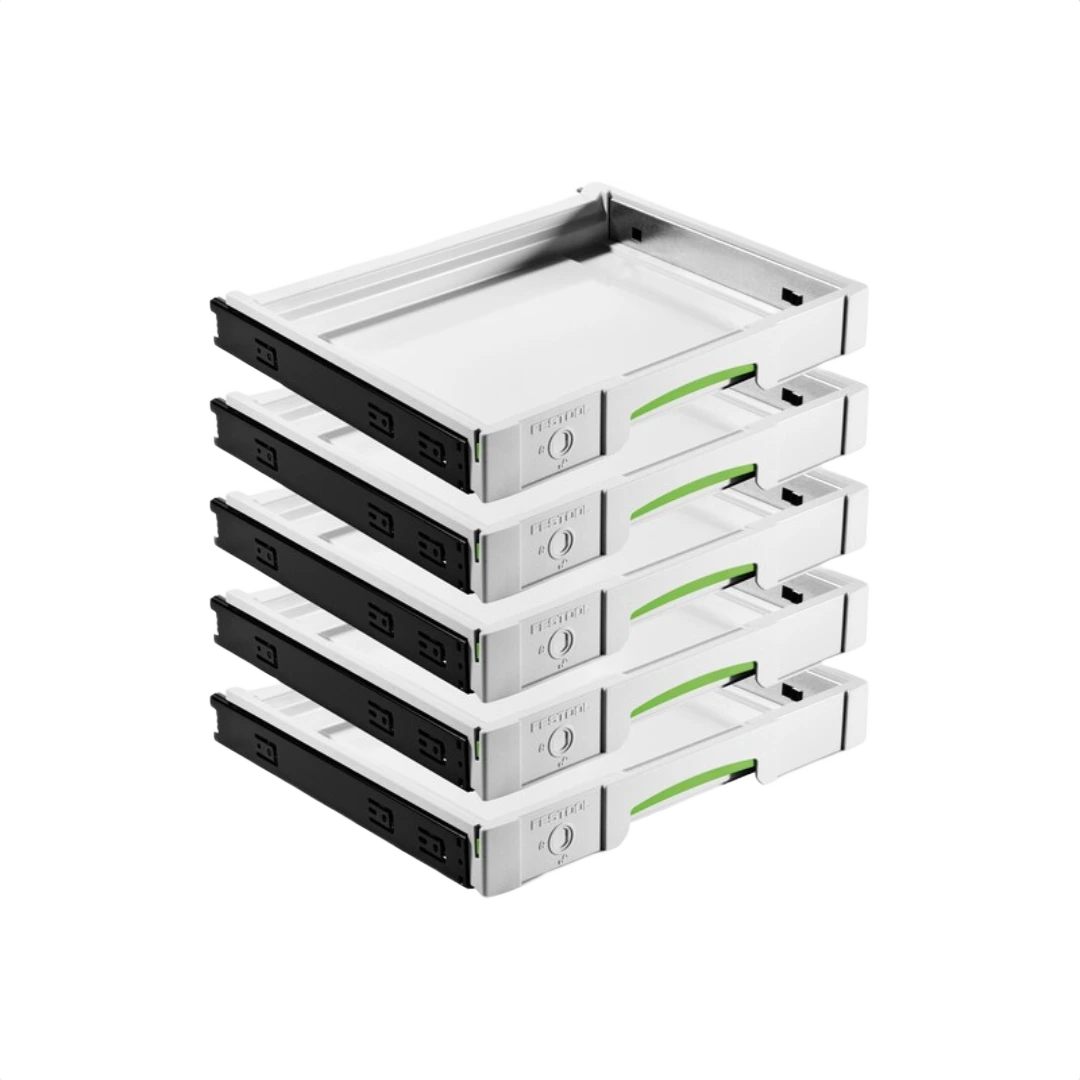 Set of five white modular Festool drawer units with full-slide mechanism for workshop organization and tool storage accessories