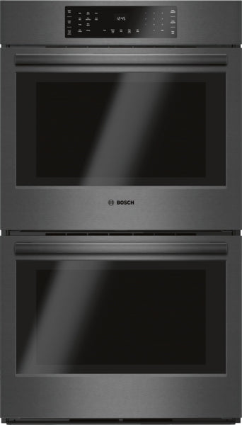 Modern black stainless steel 30-inch double wall oven with digital touch controls in Bosch kitchen appliances collection