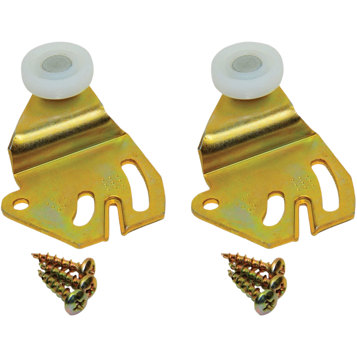 Two gold-tone offset hanger bypassing hardware pieces with white nylon wheels and accompanying screws for home improvement projects