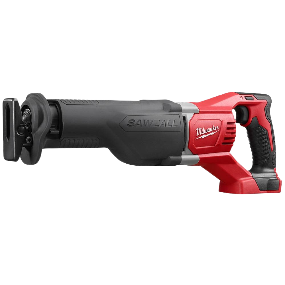 Cordless reciprocating saw with red and black body, textured grip, and adjustable shoe for versatile cutting tasks