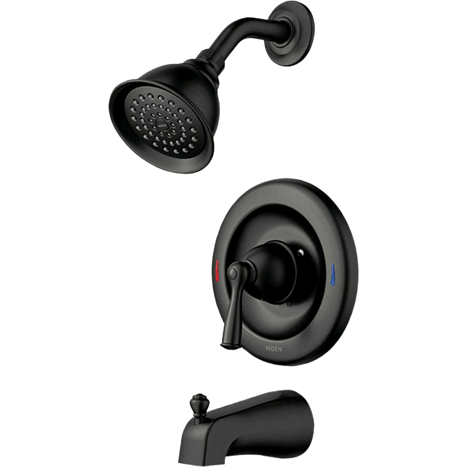 Matte black showerhead and faucet set with one-handle control in classic design for bathroom and shower home improvement.