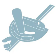 Simplified blue icon of a miter saw tool with an angled cutting guide, representing woodworking and home improvement equipment.