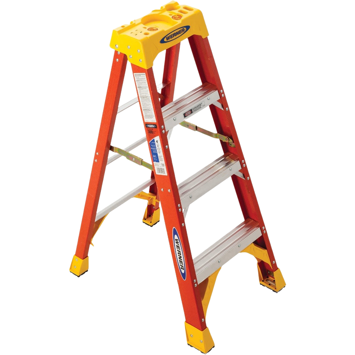 Orange fiberglass step ladder with yellow top and slip-resistant steps for tools and home improvement projects