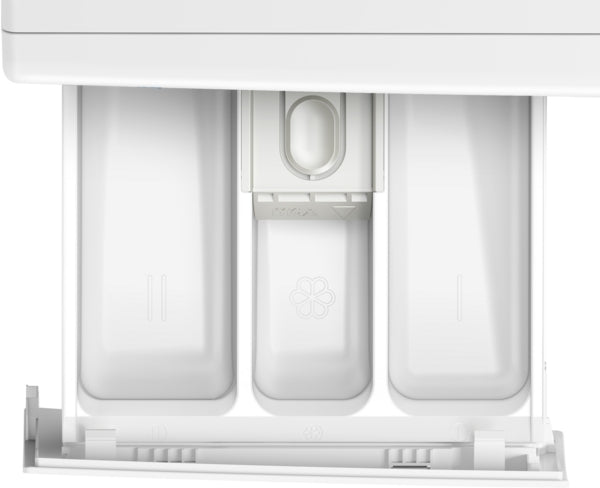Top view of a white detergent drawer with three compartments for a compact washer in Bosch washers collection
