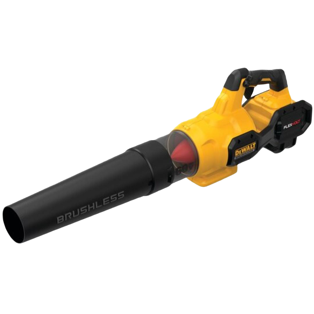Yellow cordless brushless handheld axial blower with flexible battery system for outdoor and home improvement tasks