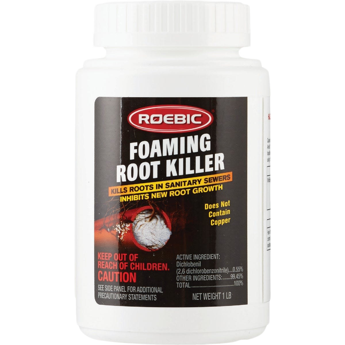 White plastic bottle of root killer with warning labels for plumbing and drain cleaner use under $50 and $100 collections