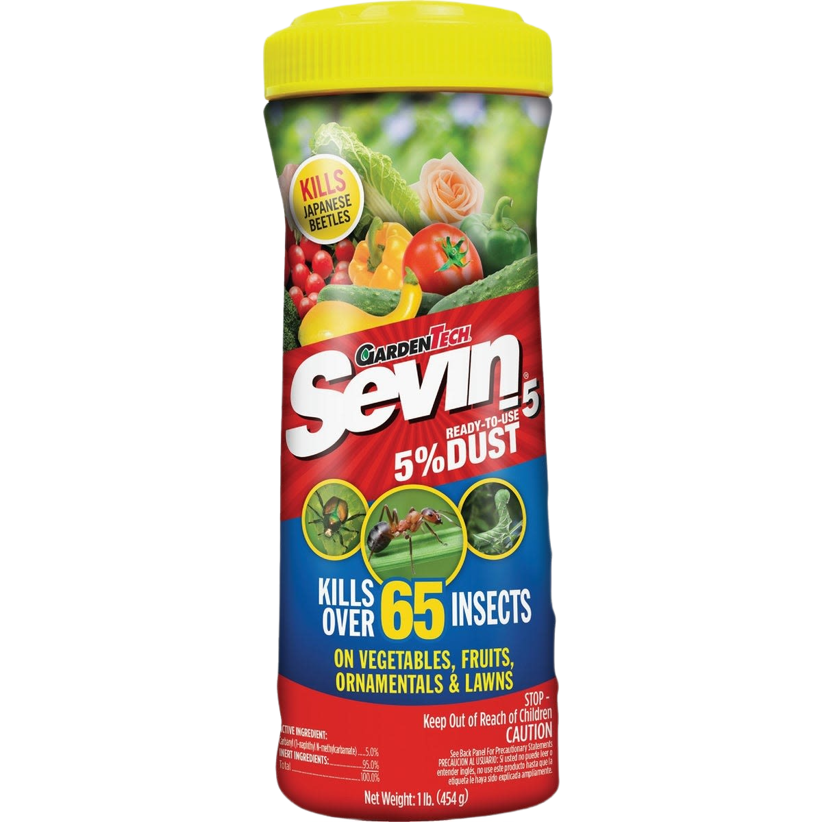 1 lb container of Garden Tech insect dust targeting over 65 pests on vegetables, fruits, ornamentals, and lawns