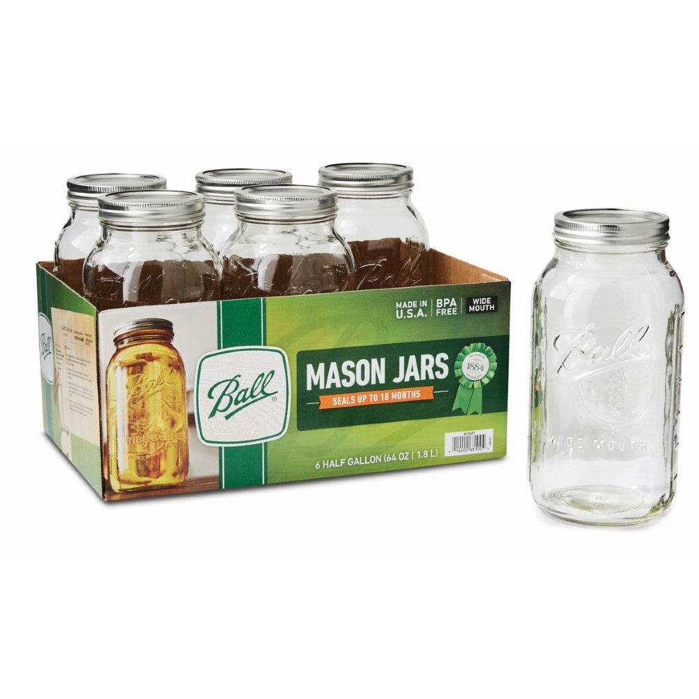 Set of six clear half-gallon wide mouth glass jars with metal lids for food storage and preservation tasks