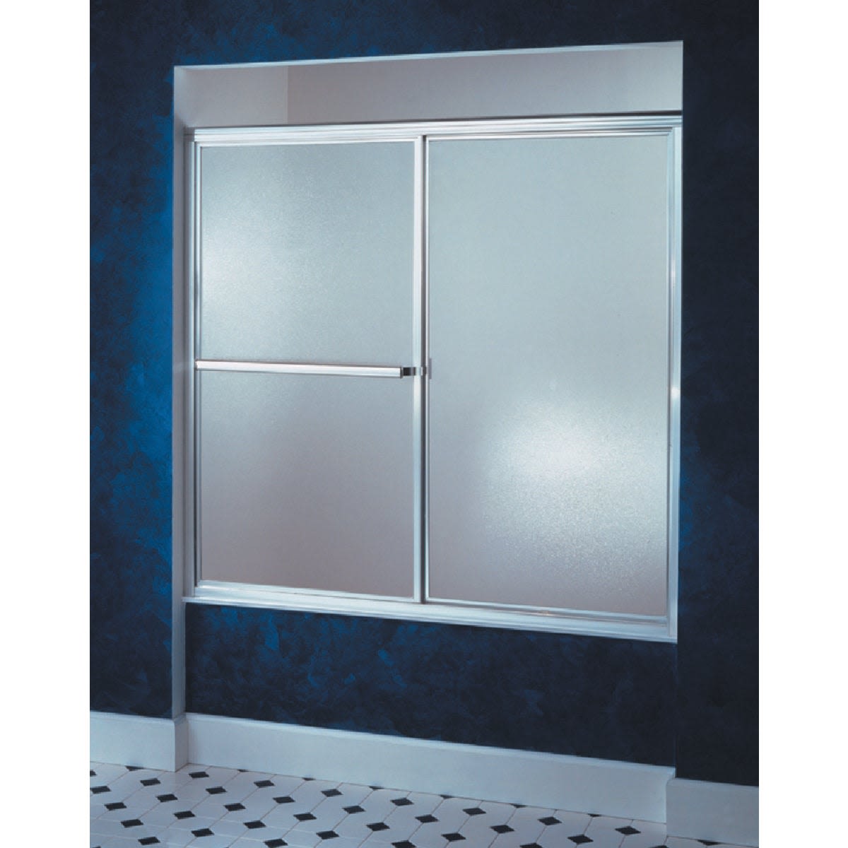 Sliding framed tub door with frosted glass panels and silver aluminum frame for bathroom home improvement
