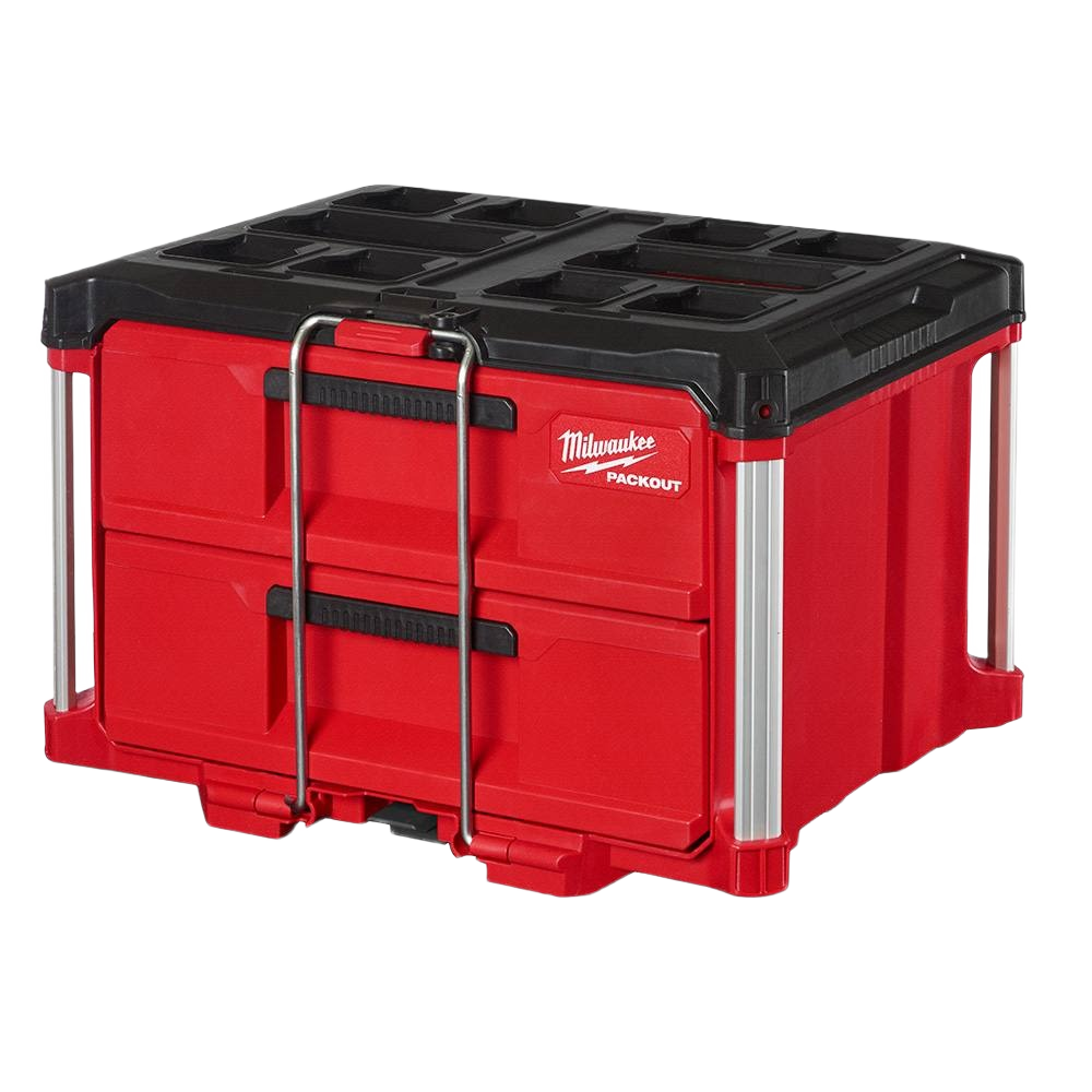 Red and black modular two-drawer tool storage box designed for organizing tools and home improvement supplies