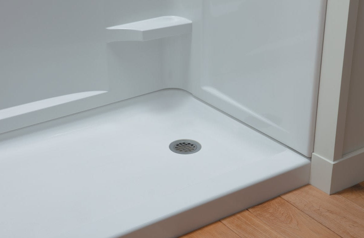 High gloss Vikrell shower base with right side drain for bathroom and shower floor replacement in Bath collections