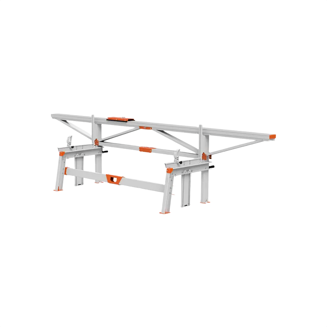 Metallic gray sawmill frame with orange accents designed for supporting logs during cutting and home improvement projects