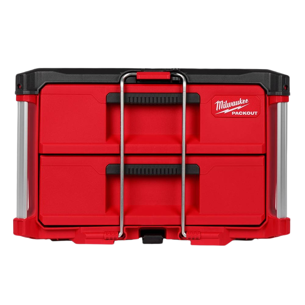 Compact red and black Milwaukee two-drawer tool storage box designed for organizing tools in home improvement projects