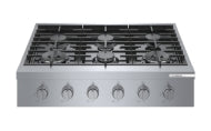 36-inch stainless steel gas rangetop with six burners and continuous heavy-duty grates from Bosch cooktops collection