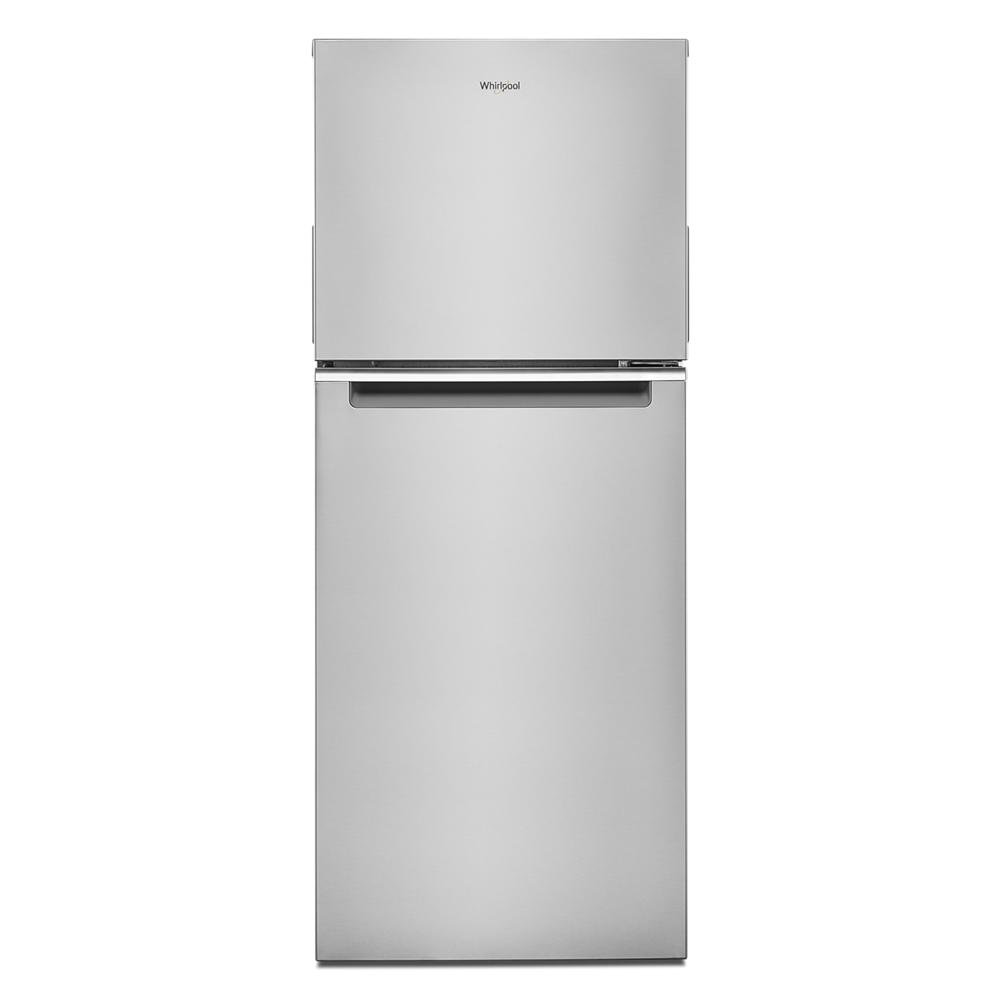 Front view of a stainless steel top freezer refrigerator designed for small spaces in kitchen appliances collection
