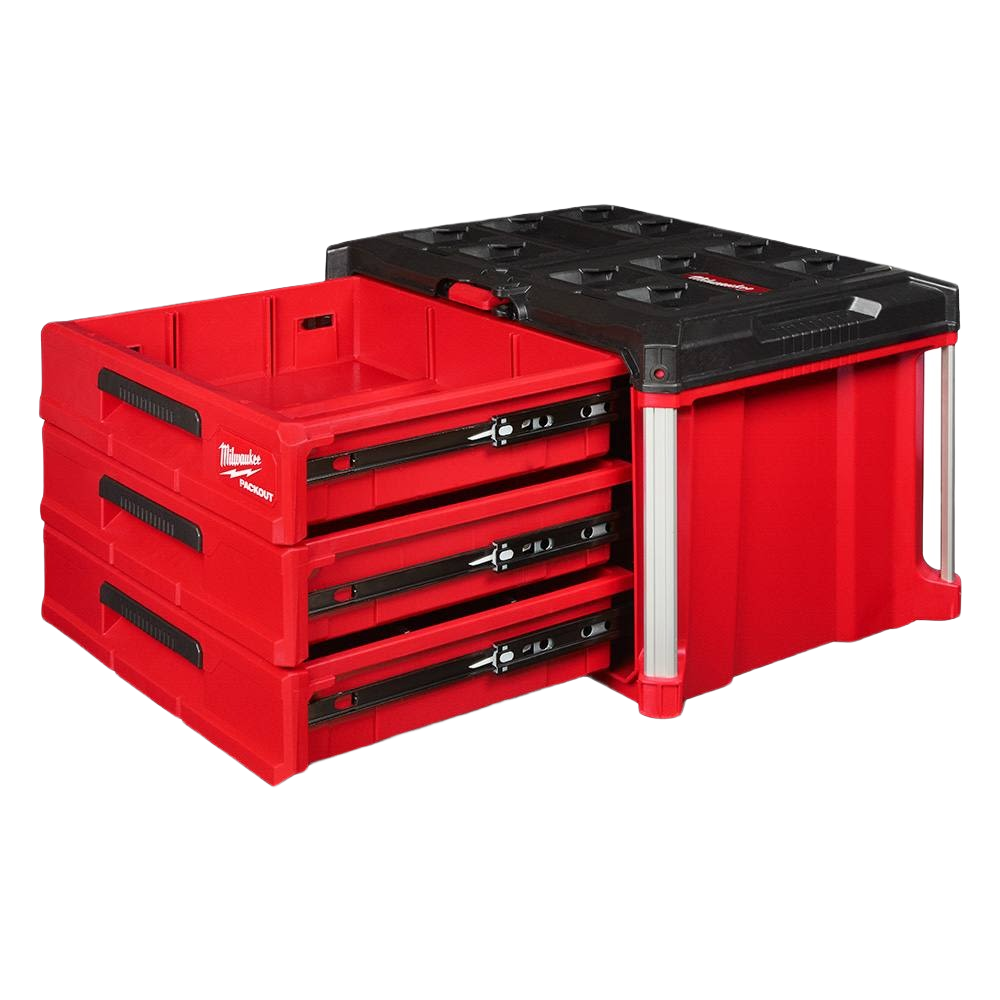 Red and black modular three-drawer tool box for workshop organization and jobsite storage solutions
